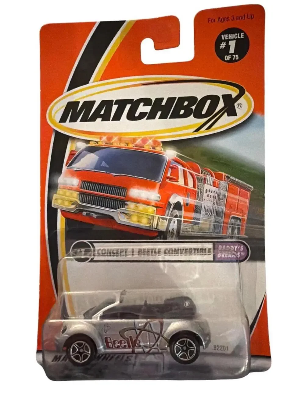 Matchbox Concept 1 Beetle Convertible 1/75 Silver Red White Design New In Packag
